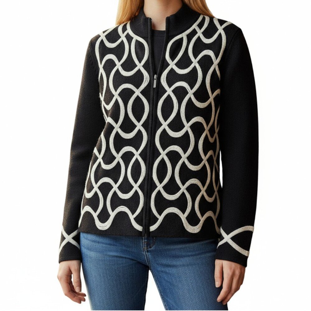TALBOTS Black Zip Up Sweater Jacket with White Sartouche Braid - Size PM